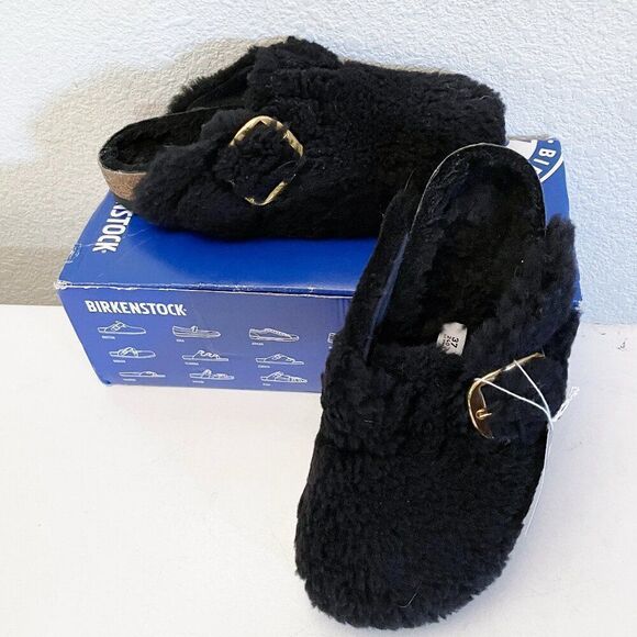 NEW IN BOX Birkenstock BOSTON Big Buckle Shearling Slip On Clogs Black Gold 37 - Picture 1 of 13